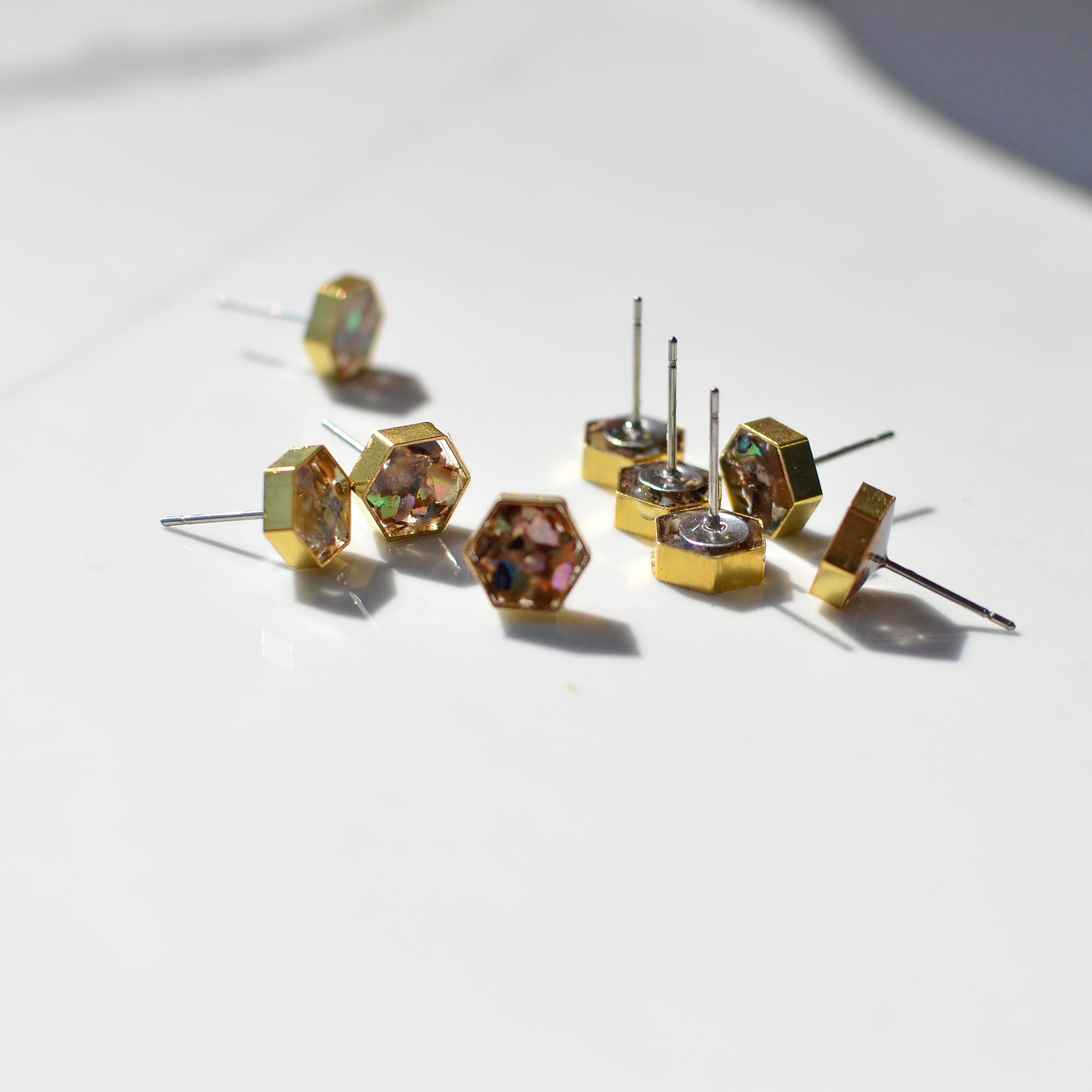 Abalone Seashell Brass Hexagon Studs