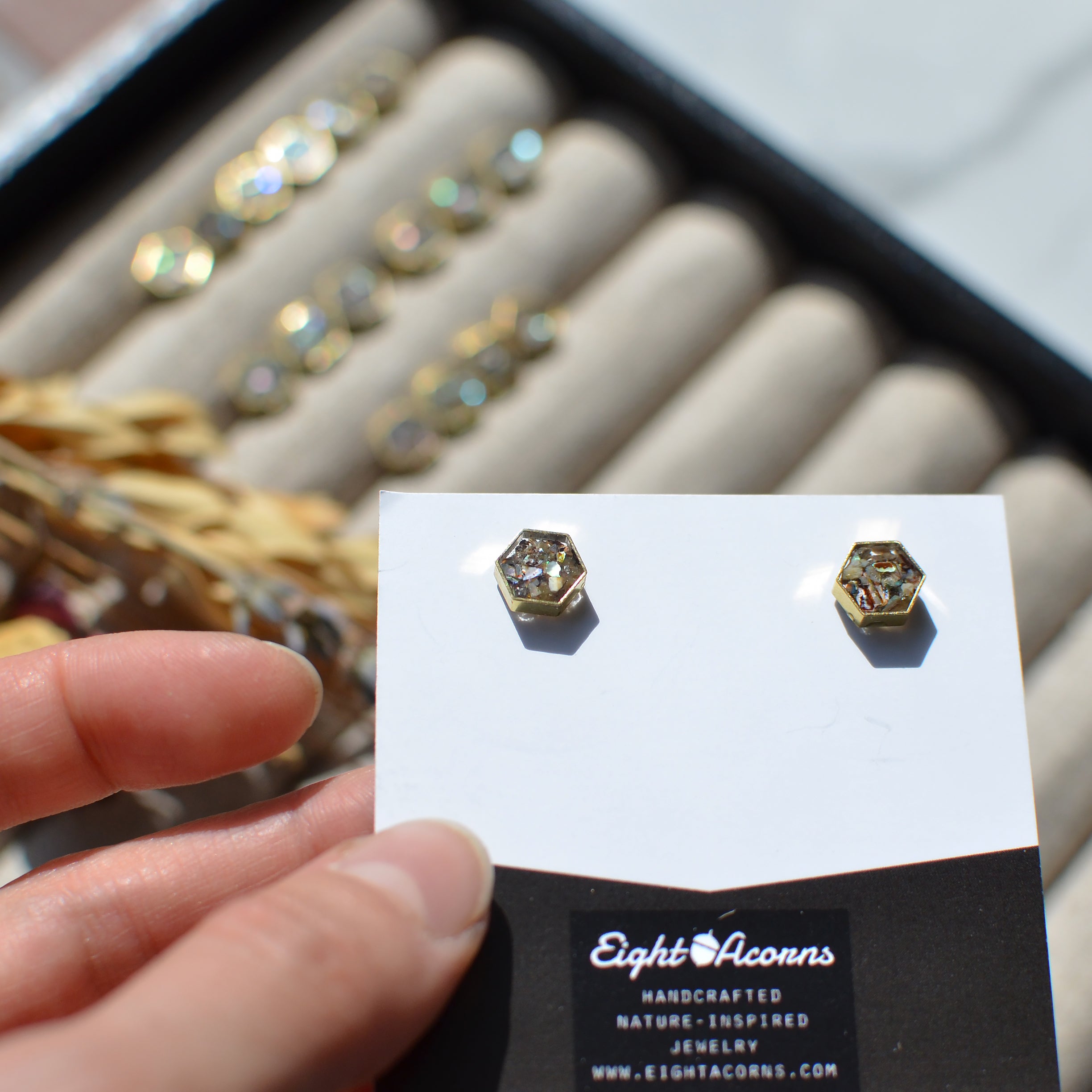 Abalone Seashell Brass Hexagon Studs