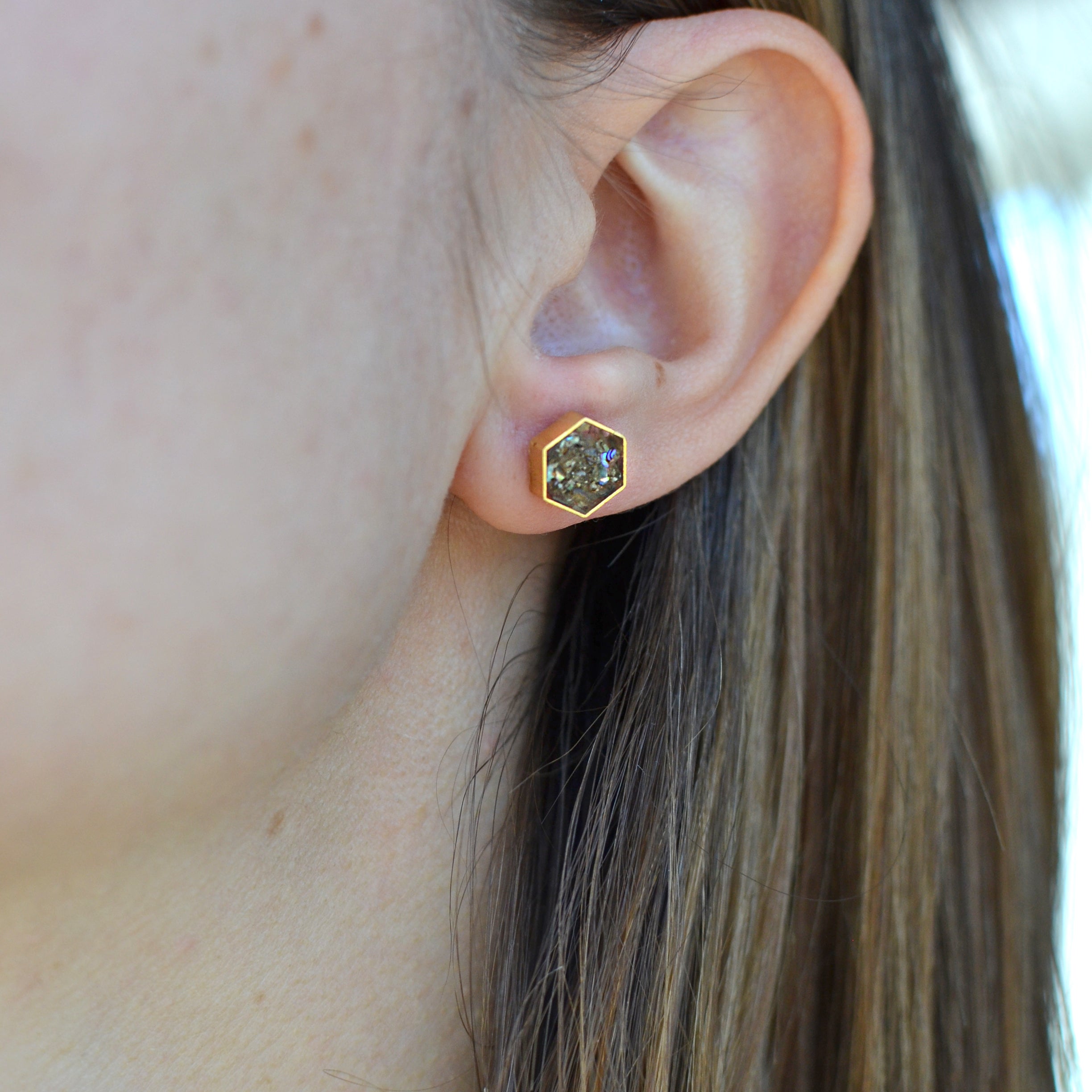 Abalone Seashell Brass Hexagon Studs