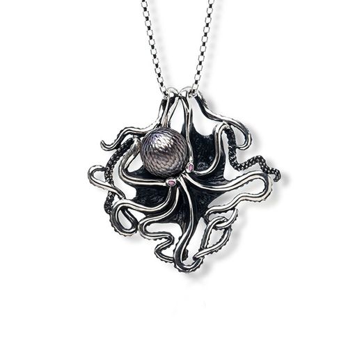 Sterling Silver Octopus with Black Freshwater Pearl and Ruby Eyes