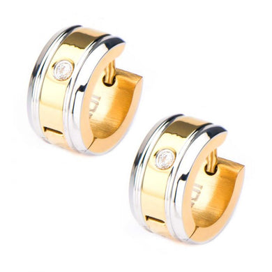 Stainless Steel Gold IP with 1 Clear CZ Gem Huggies Earrings