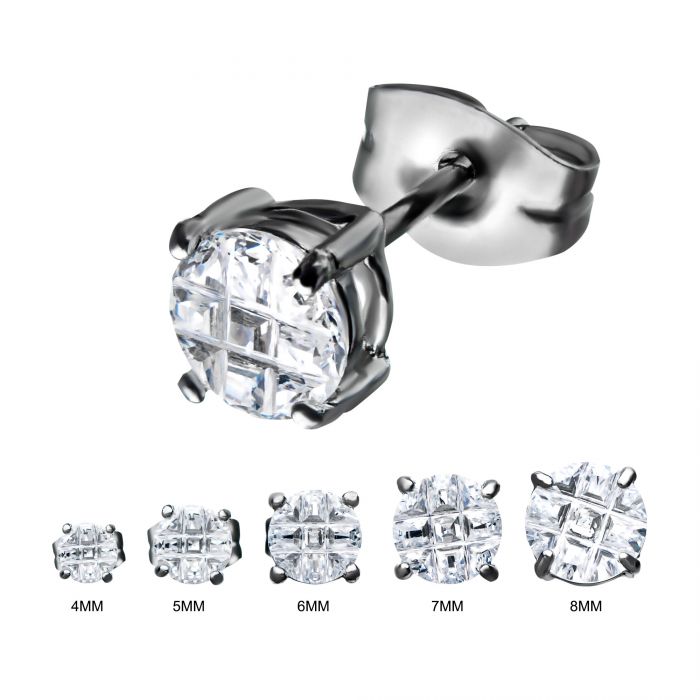 Stainless Steel with Hashtag CZ Round Cut Stud Earrings 5mm