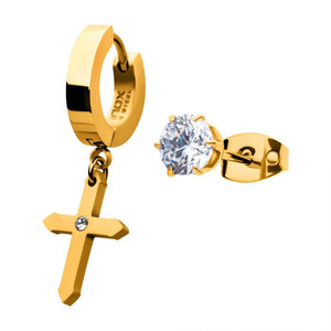 Gold IP Dangling Cross with CZ Huggie & Prong Set CZ Stud Mismatched Earrings