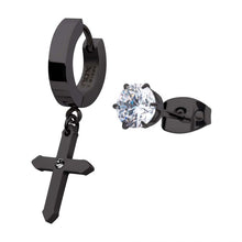 Load image into Gallery viewer, Black IP Dangling Cross with CZ Huggie &amp; Prong Set CZ Stud Mismatched Earrings