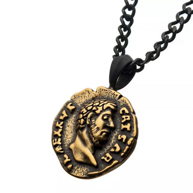 Steel Antiqued Coin Pendant with Chain