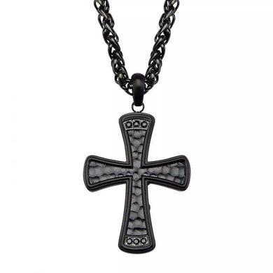 Stainless Steel Black Plated with Black CZ Gem Hammered Cross Pendant with Chain