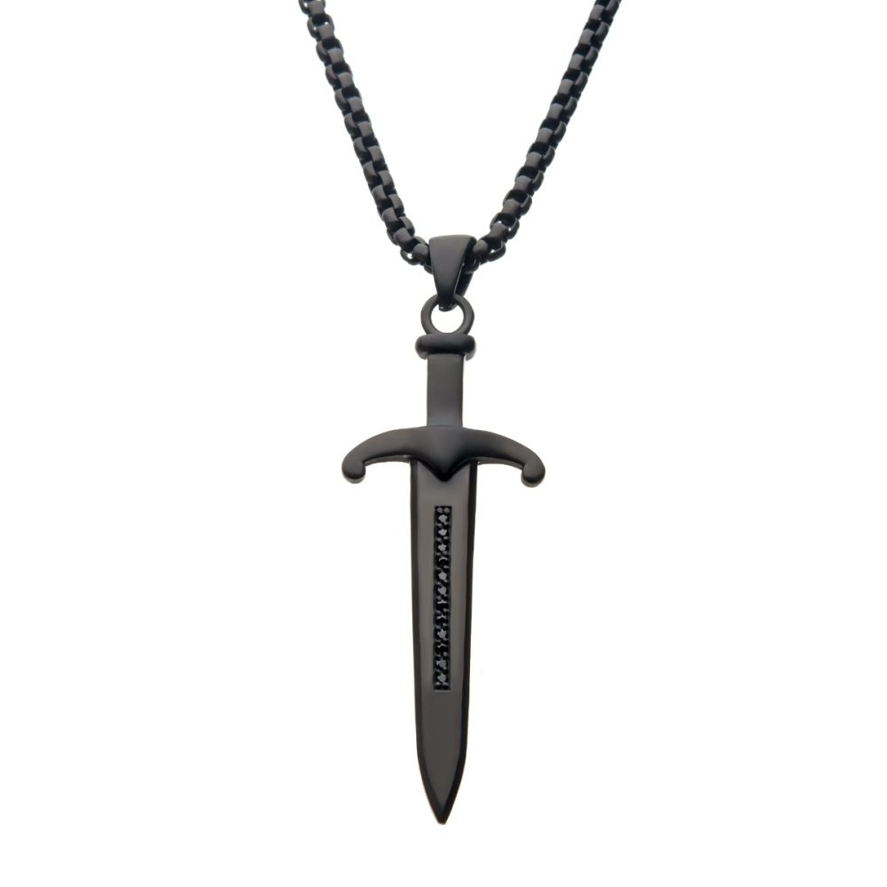 Steel Black IP Sword Pendant with Black Bold Box Chain