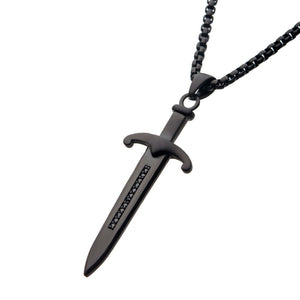 Steel Black IP Sword Pendant with Black Bold Box Chain