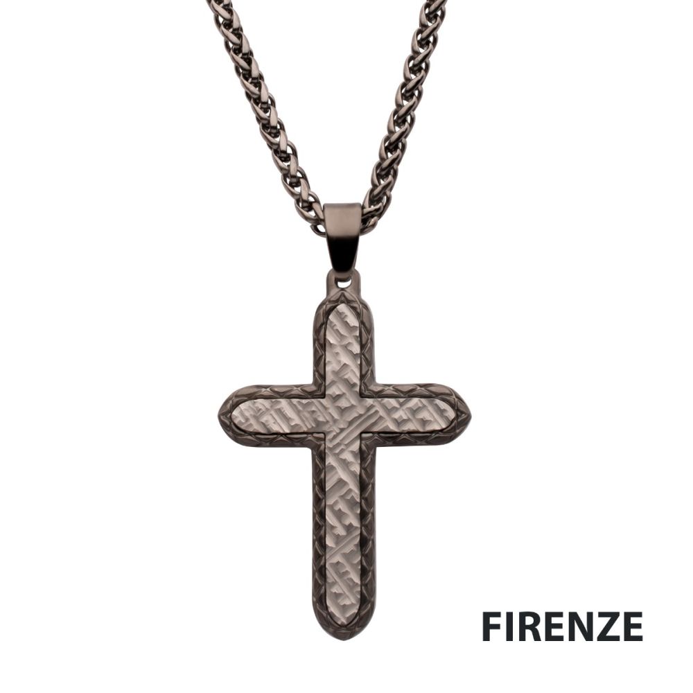 Gun Metal IP Stainless Steel Chiseled Bold Cross Firenze Pendant with Wheat Chain