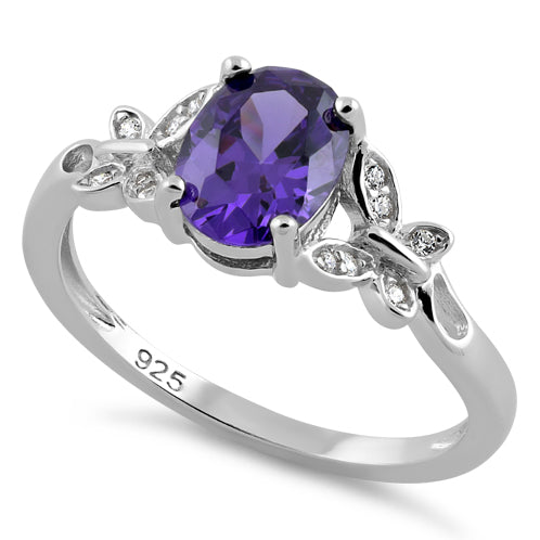 Sterling Silver Double Butterfly Amethyst Center Stone CZ Ring -7