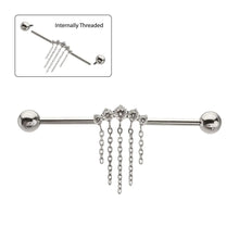 Load image into Gallery viewer, Titanium IT 5 Round Prong Set Gem Cluster with 5 Chain Dangle &amp; Ball End Industrial Barbell