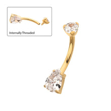 Load image into Gallery viewer, 24Kt Gold PVD Titanium Internally Threaded Double Gem with Prong Set Teardrop Fixed Bottom Navel