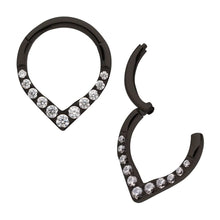 Load image into Gallery viewer, Black PVD Titanium Gem Front Facing Teardrop Shape Hinged Segment Clicker (16G, 8mm)
