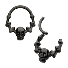 Load image into Gallery viewer, Black PVD Titanium Skull &amp; Bone with Black CZ Gem Eyes Front Facing Hinged Segment Clicker