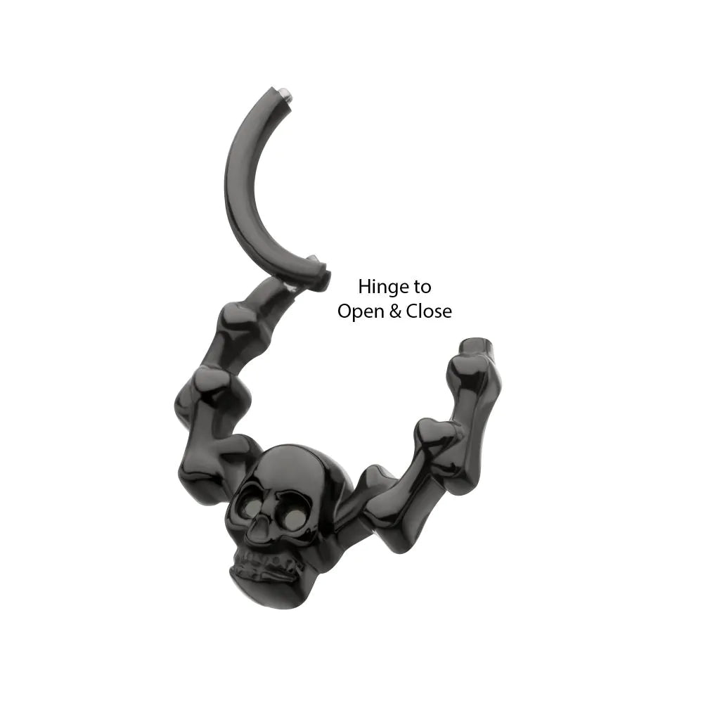 Black PVD Titanium Skull & Bone with Black CZ Gem Eyes Front Facing Hinged Segment Clicker