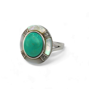 Estate Oval Turquoise and Mother of Pearl Sterling Silver Ring