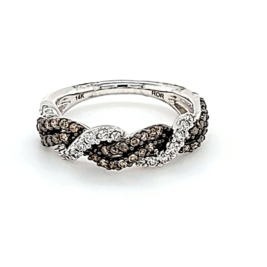 Champagne and White Diamond Weave Ring 14KW Gold