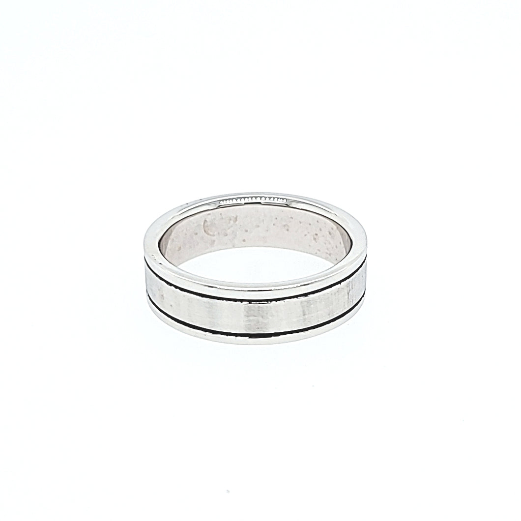 Blackened Grooved Edged Matte Wedding Band 14KW