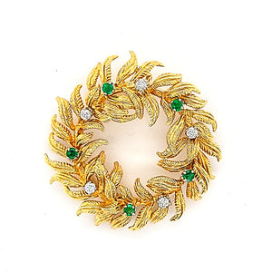 18K Circling Fern Pin/Pendant with Diamonds and Emeralds