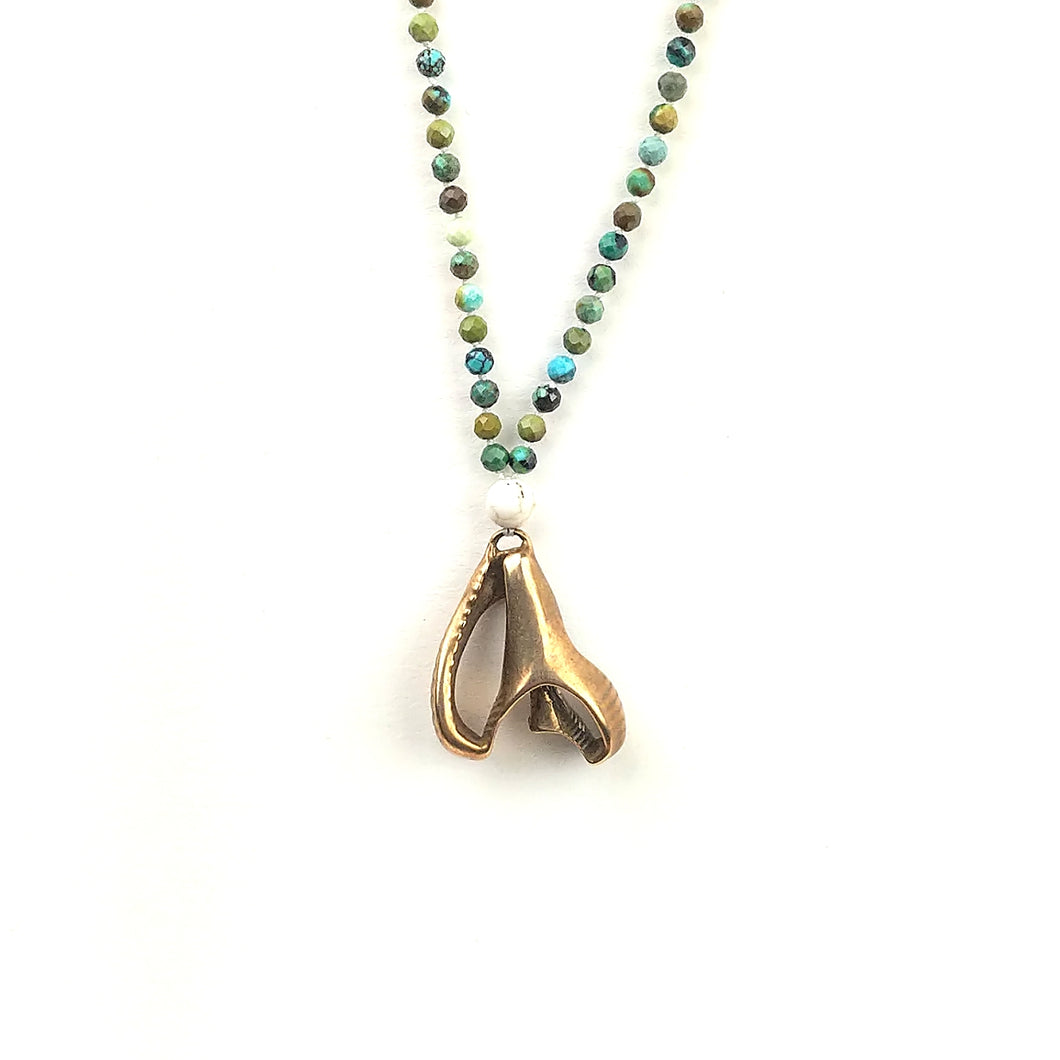Turquoise, Howlite, and Cast Bronze Seashell Necklace