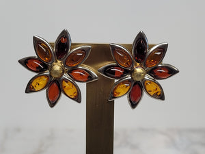 Amber and Sterling Silver Flower Post Back Earrings