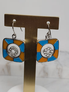 Orange and Blue Enamel Sterling Silver Dangle Earrings with CZ Accents