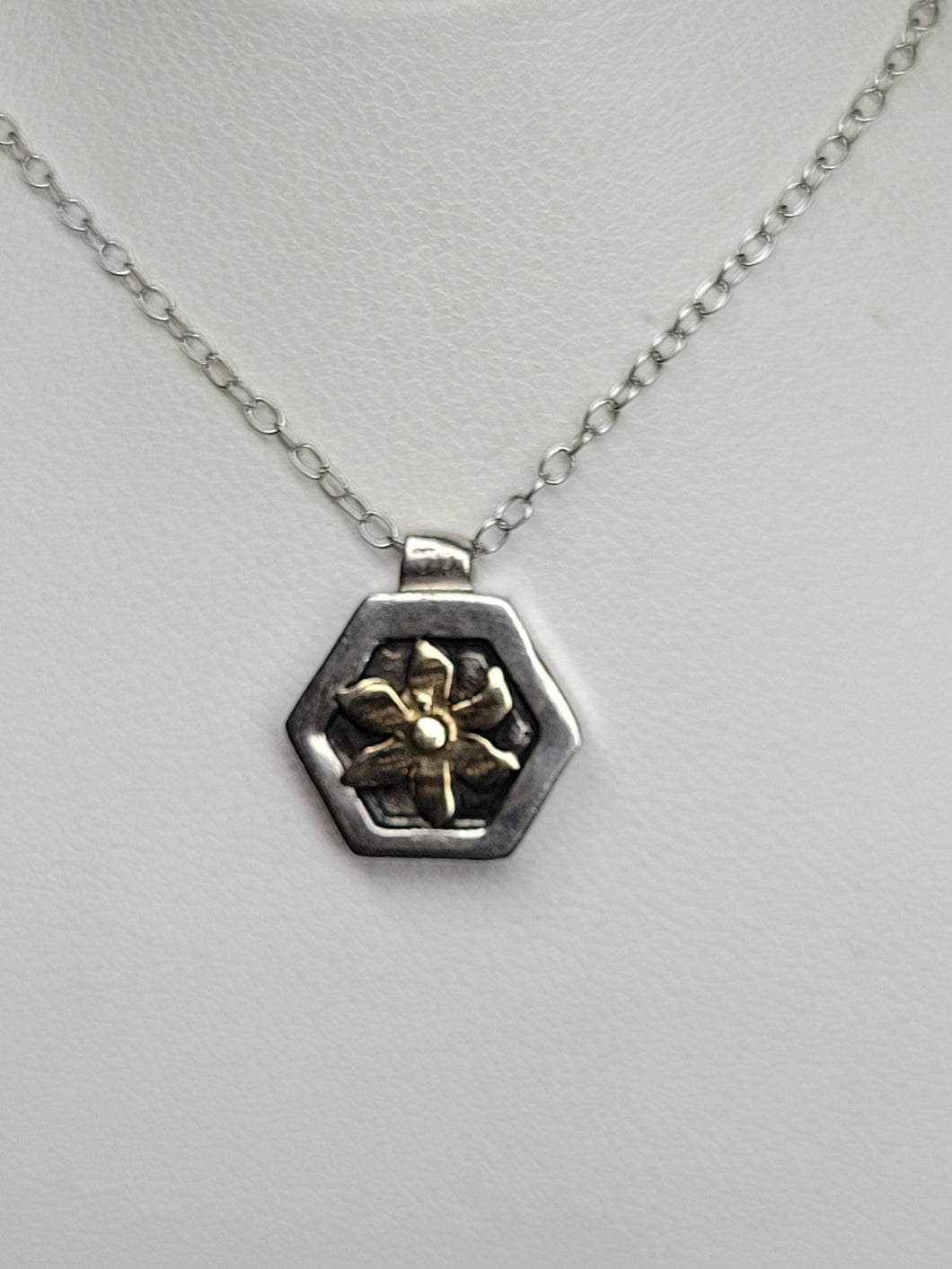 14K Gold Flower and Sterling Silver Hexagon Pendant