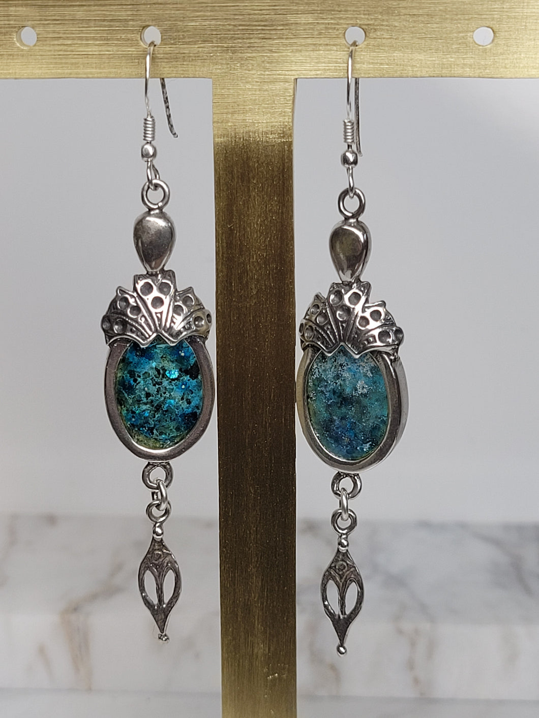 Long Ancient Roman Glass and Sterling Silver Dangle Earrings