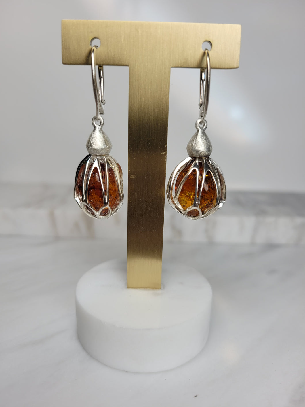 Amber and Sterling Silver Cage Dangle Earrings