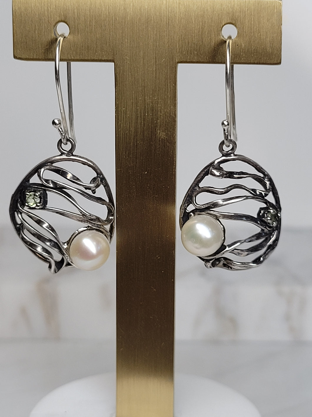 Peridot and Pearl and Sterling Silver Dangle Earrings