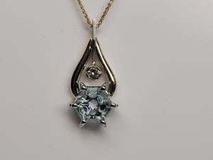 Moon Phase Carved Aqua Hexagon with Montana Sapphire Necklace in 14k Two Tone Gold
