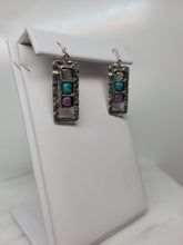 Load image into Gallery viewer, SS Rectangle Earrings with Labradorite Turquoise and Amethyst