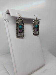 SS Rectangle Earrings with Labradorite Turquoise and Amethyst