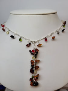 Amber and sterling silver Y necklace with Swarovski crystal accents