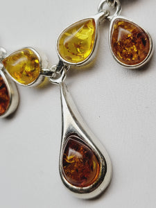 Amber teardrop and sterling silver necklace