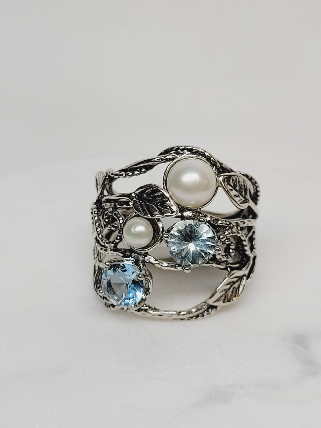 Blue Topaz and Pearl Vine Statement Ring