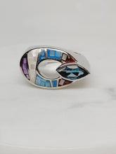Load image into Gallery viewer, Mother of Pearl Mosaic Ring with Marquis Blue Topaz