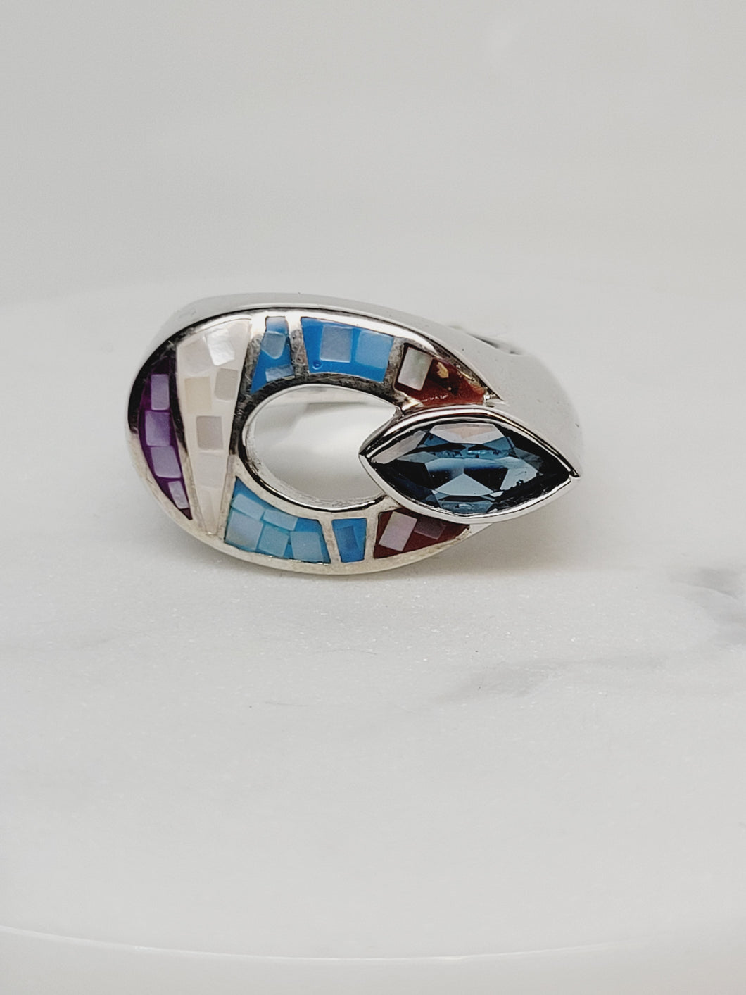 Mother of Pearl Mosaic Ring with Marquis Blue Topaz