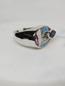 Mother of Pearl Mosaic Ring with Marquis Blue Topaz