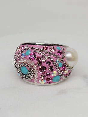 Pink Enamel Swarovski Crystal and Pearl Statement Ring