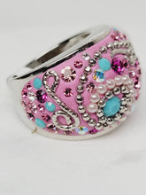 Load image into Gallery viewer, Pink Enamel Swarovski Crystal and Pearl Statement Ring
