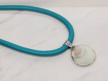 Load image into Gallery viewer, Snail Shell Circle Pendant on Teal Cord