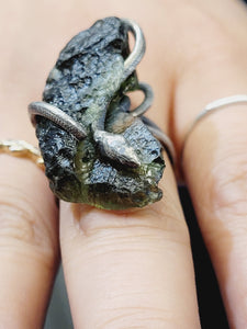 Custom Sterling Silver Snake Set Moldavite Ring