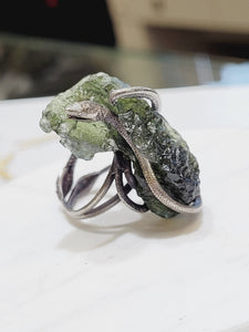 Custom Sterling Silver Snake Set Moldavite Ring