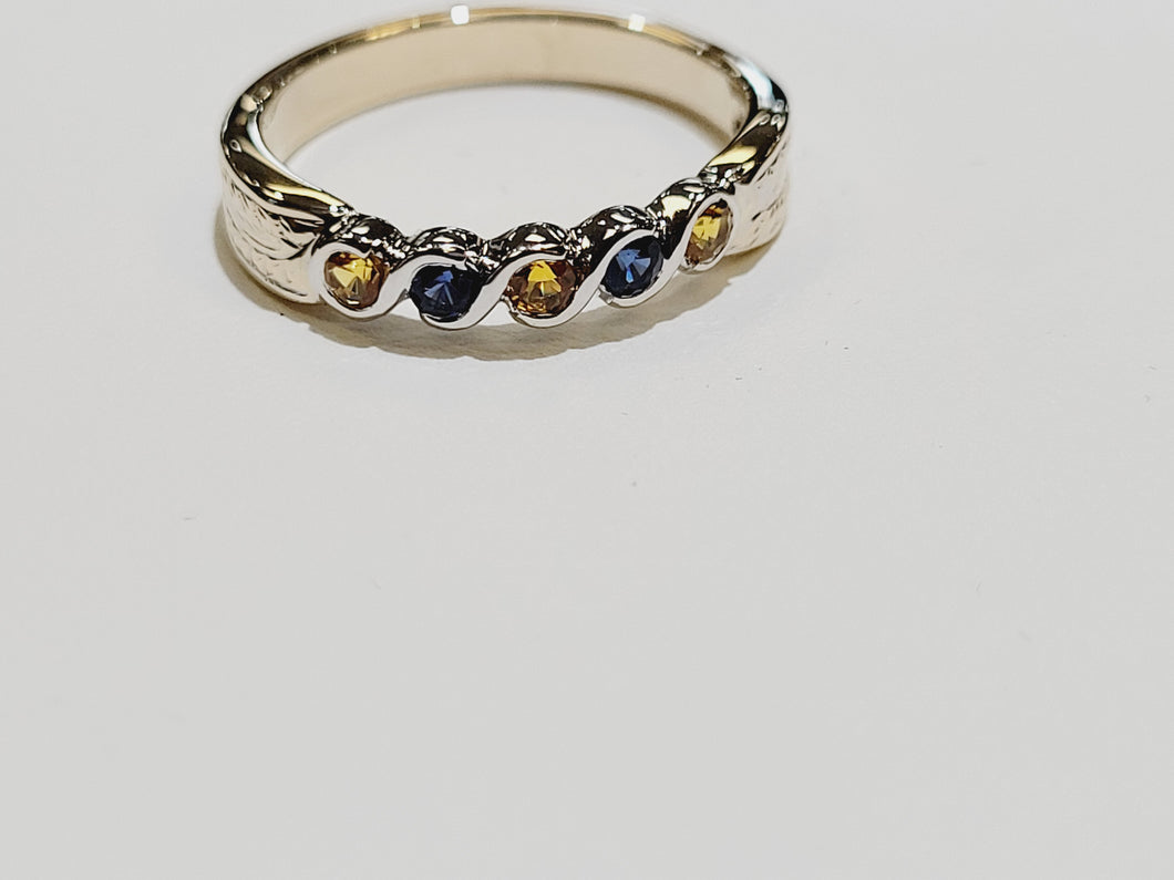 Hand Engraved Blue and Yellow Created Sapphire Ring in 14K two-tone