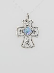 Sterling Silver Roman Glass Cross Pendant Necklace