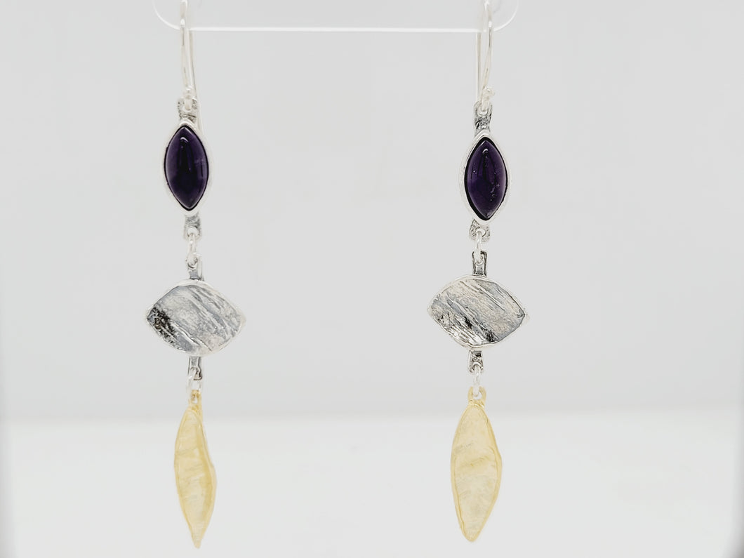 Sterling Silver and Gold Plated Amethyst Feather Earrings