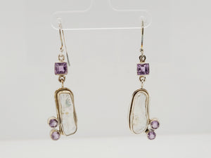 Sterling Silver Long Biwa Pearl and Amethyst Earrings