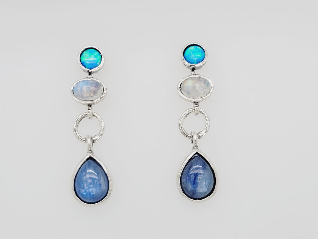 Sterling Silver Kyanite, Moonstone, and Opal Post Earrings