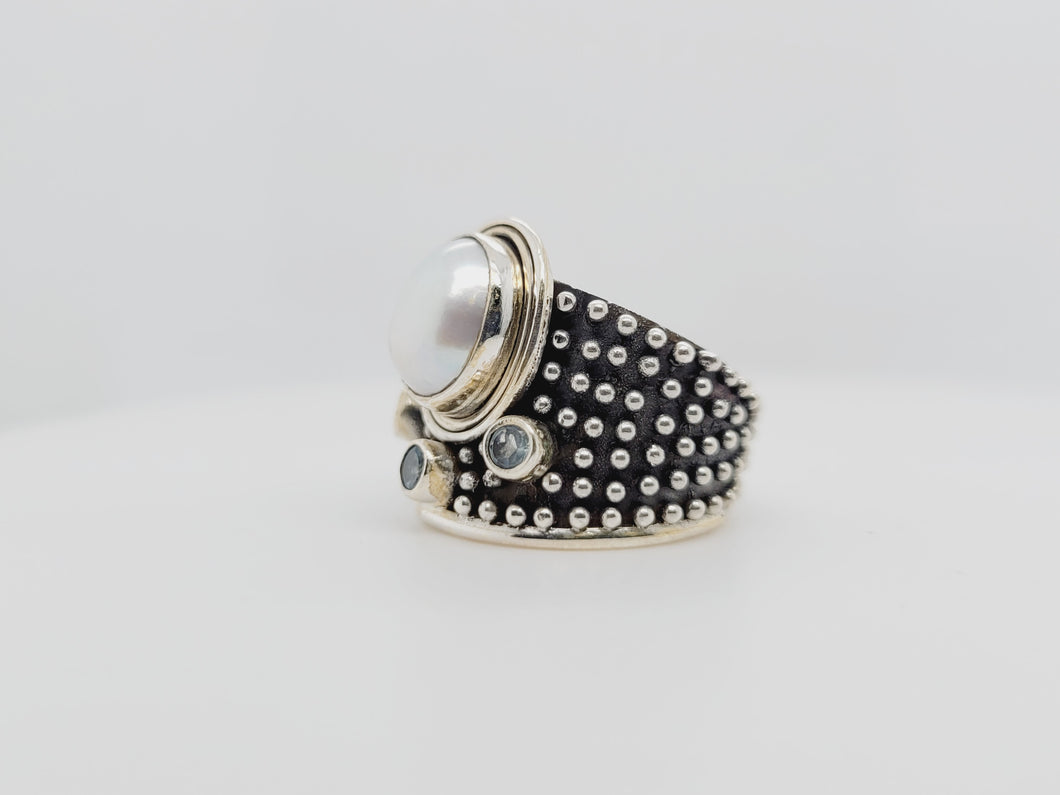 Sterling Silver, Pearl, and Blue Topaz Ring